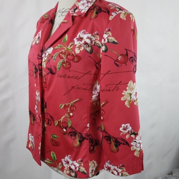 Nancy Bolen City Girl | Red Cherry Print Beaded Blazer Jacket | Size 8 - Picture 3 of 10